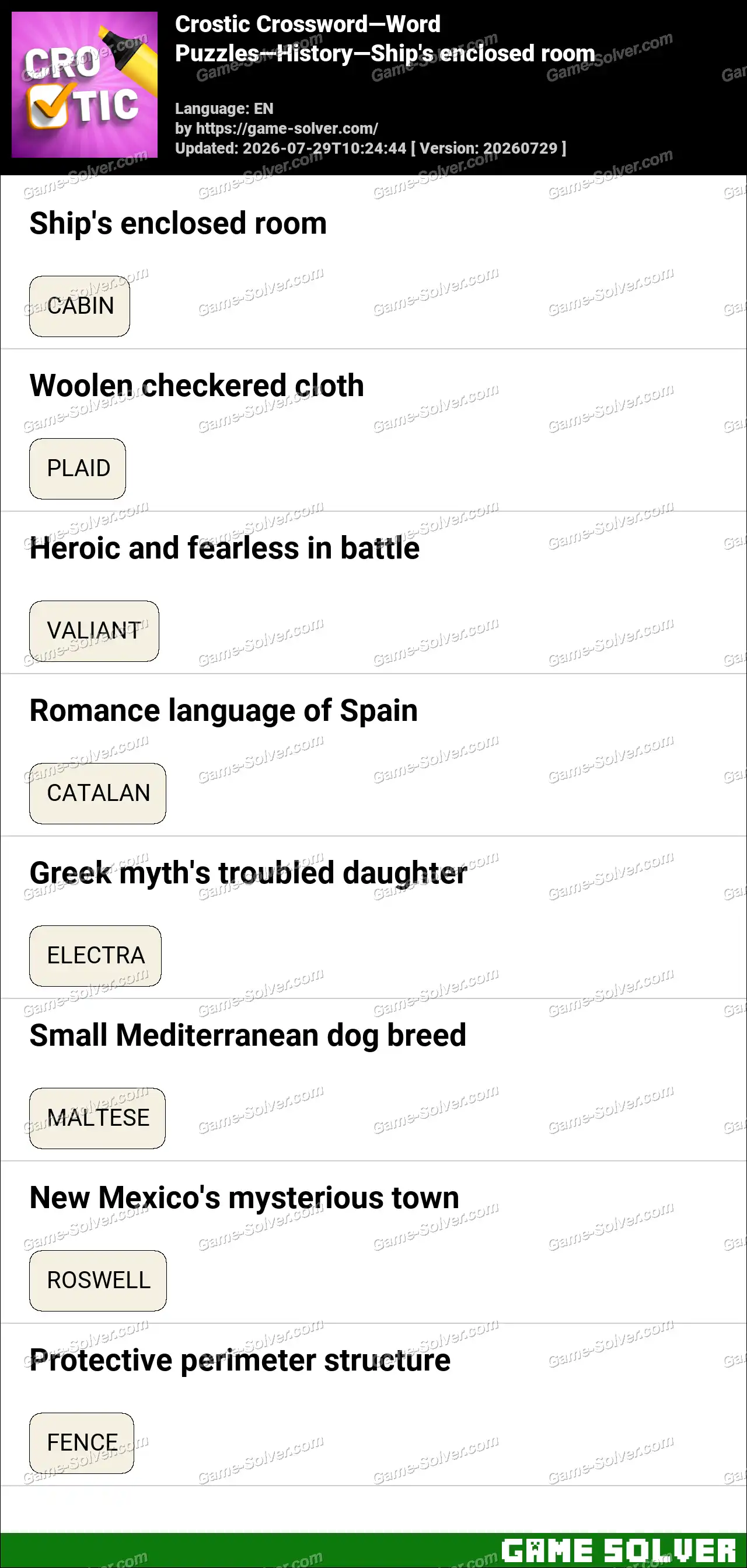 Crostic Crossword-Word Puzzles-History-Ship’s enclosed room